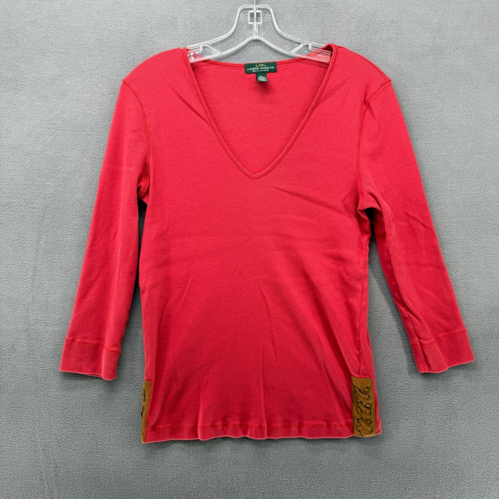 Lauren Jeans Co Ralph Lauren Red Ribbed V-Neck Top Lace Up Sides Large